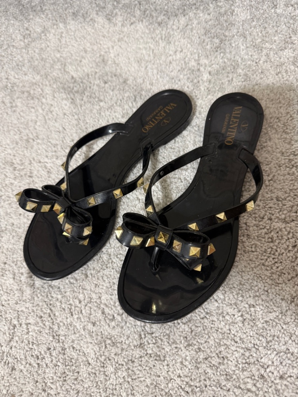 Valentino Black Jelly Bow Sandals with Gold Studs